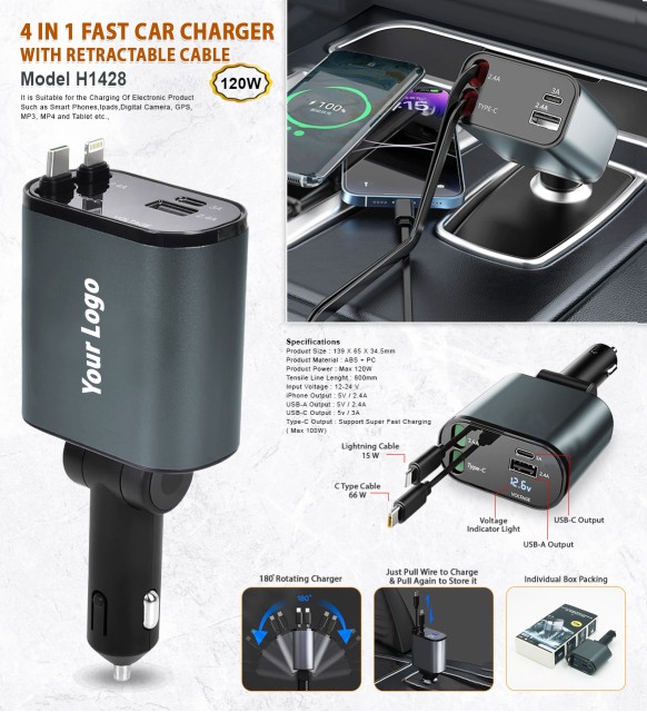 4 in 1 Fast Car Charger with Retractable Cable