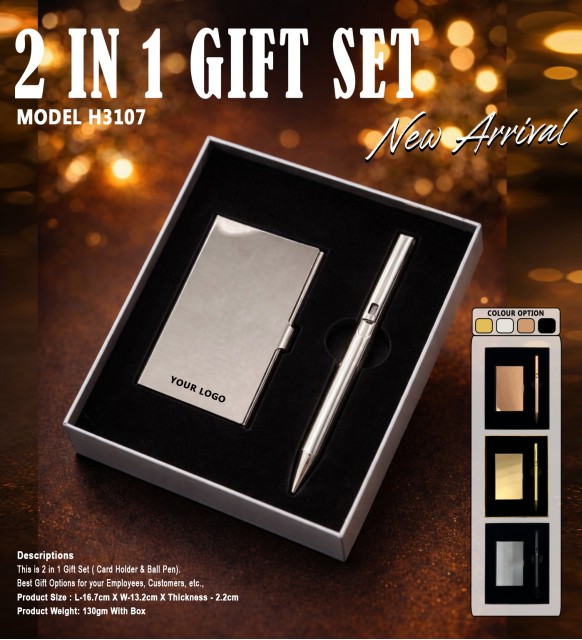 H3107 Premium Metal Card Holder & Executive Pen Gift Set – 2 in 1 Corporate Gift Set (Silver)