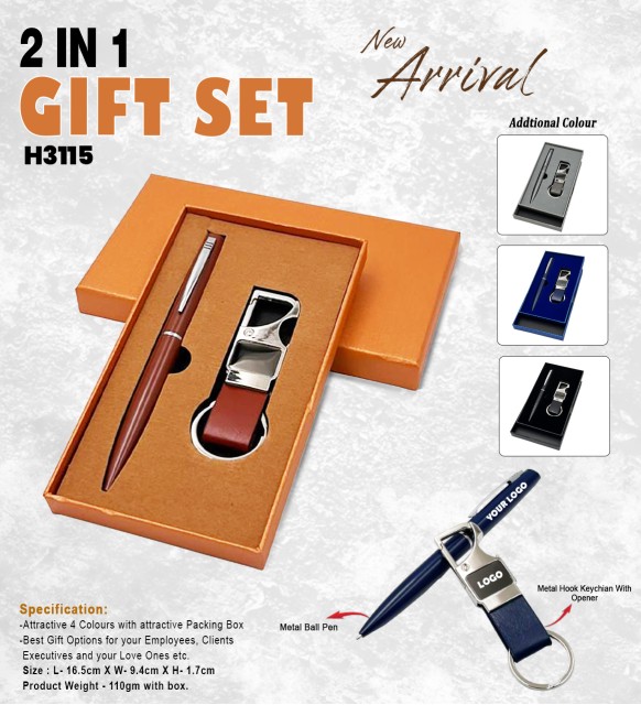 H3115 Premium 2-in-1 Executive Gift Set – Metal Pen & Leather Keychain Bottle Opener