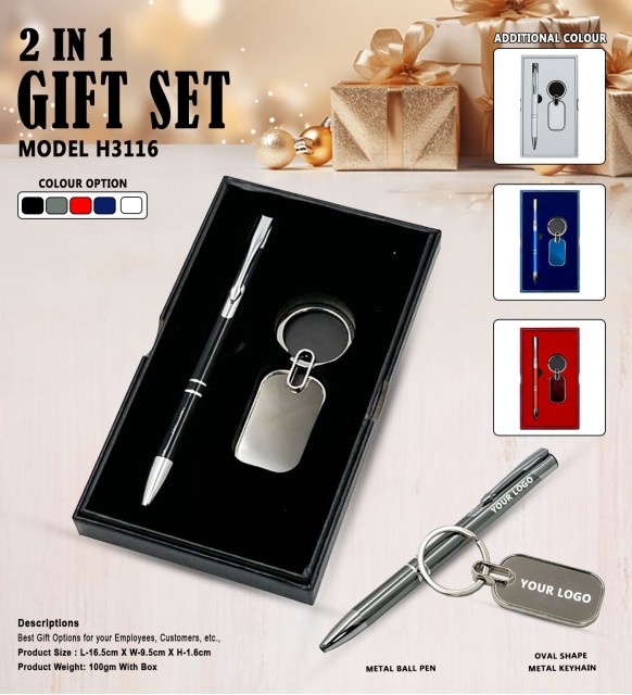 H3116 Premium Metal Pen & Oval Keychain Gift Set for Corporate Gifting & Executive Branding