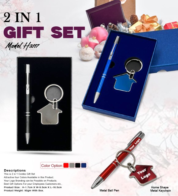 H3117 Premium Metal Pen & House Shape Keychain Gift Set for Corporate Gifting & Brand Promotion 