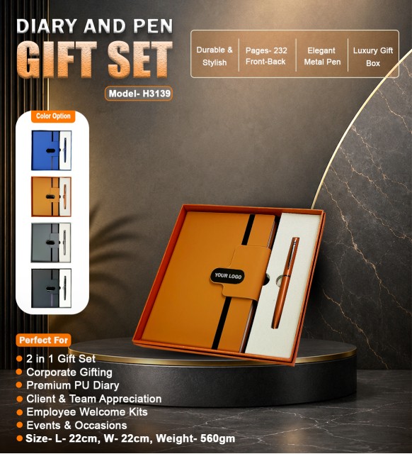 H3139 Premium PU Leather Diary & Metal Pen Gift Set for Corporate Gifting