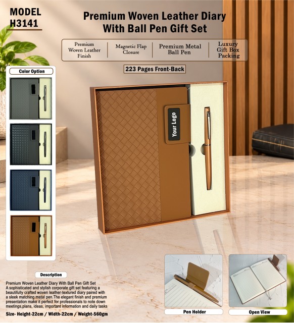 Premium Woven Leather Diary  With Ball Pen Gift Set 