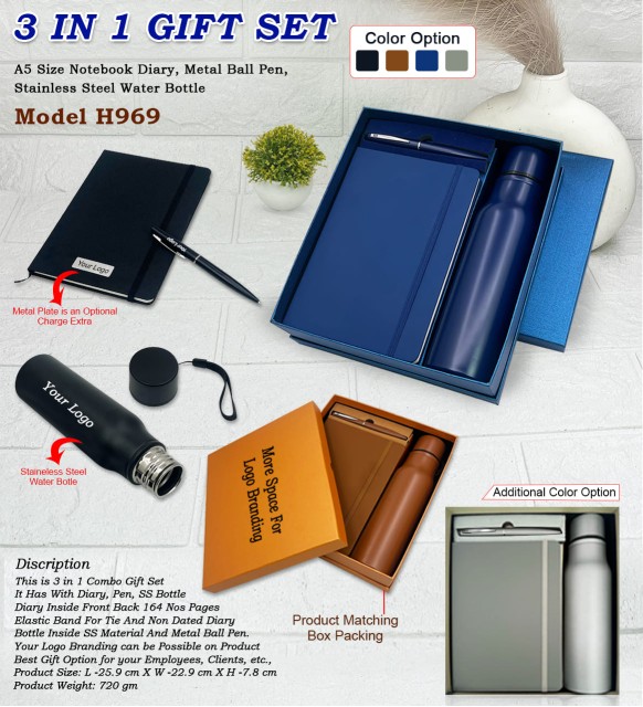 3 in 1 Premium Gift Set – A5 PU Leather Diary, Metal Ball Pen & Stainless Steel Water Bottle