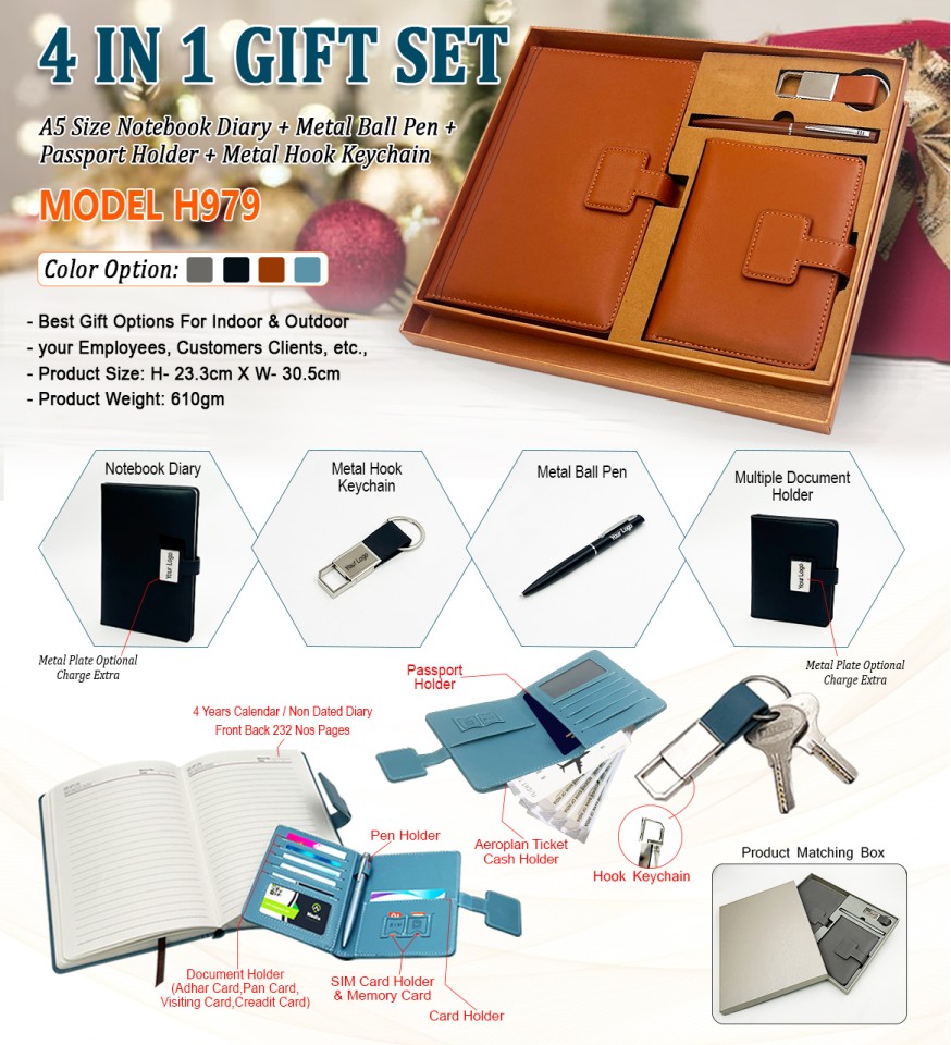 Premium 4 in 1 Gift Set – Passport Holder, Office Diary, Metal Ball Pen & Keychain