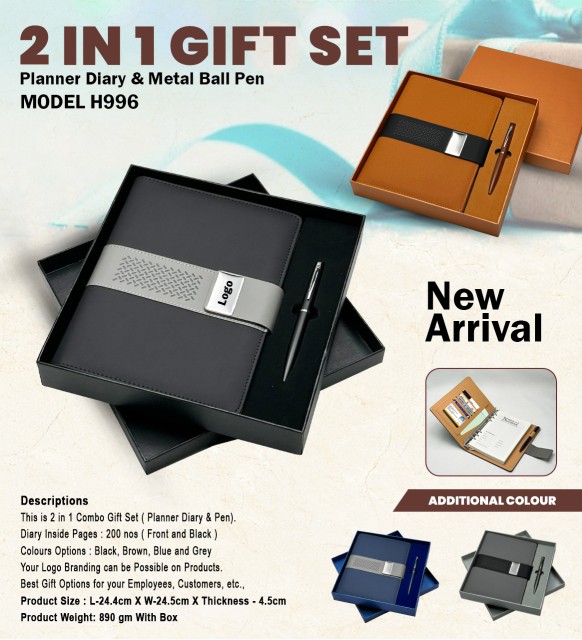 H996 Premium Planner Diary & Metal Ball Pen Gift Set for Corporate Gifting