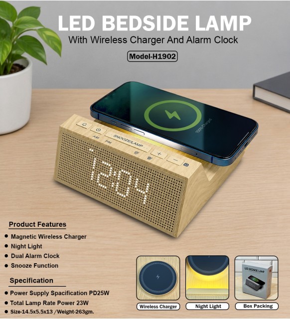 LED BEDSIDE LAMP WITH WIRELESS CHARGER AND ALARM CLOCK
