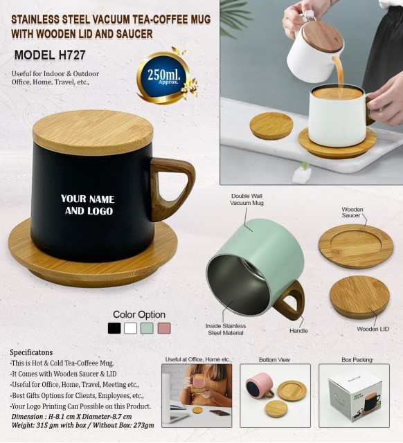 Stainless Steel Vacuum Tea & Coffee Mug with Wooden Lid and Saucer