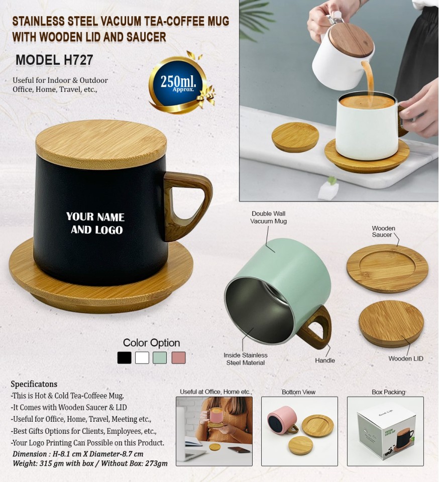 Stainless Steel Vacuum Tea & Coffee Mug with Wooden Lid and Saucer