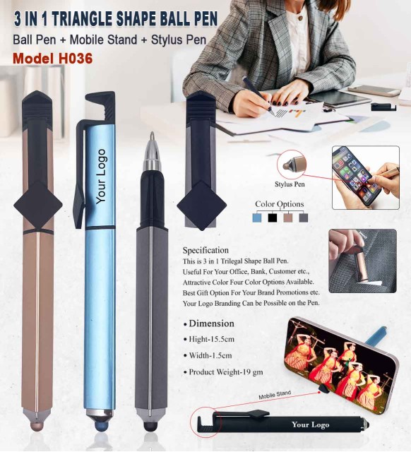 3 in 1 Triangle Ball Pen – Stylus + Stand | H036