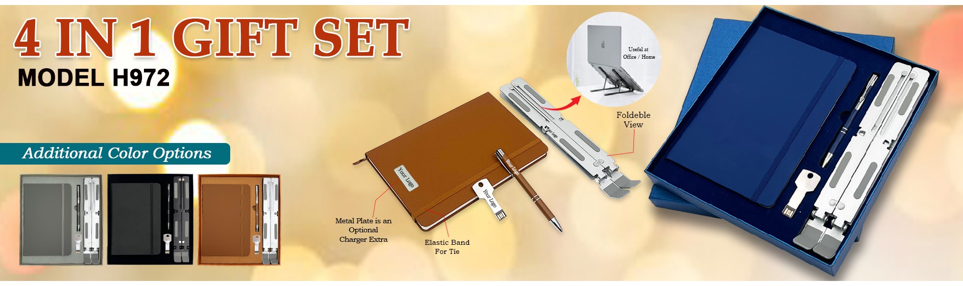 4 in 1 Premium Gift Set – PU Leather Diary, Metal Ball Pen, Laptop Stand & Metal Pen Drive