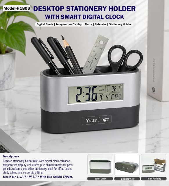 DESKTOP STATINORY HOLDER WITH SMART DIGITAL CLOCK