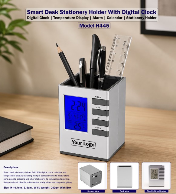 Smart Desk Stationery Holder With Digital Clock