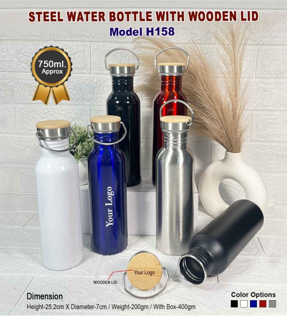 Steel Water Bottle with Wooden LID 