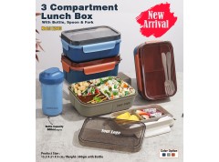 3 COMPARTMENT LUNCH BOX WITH BOTTLE, SPOON & FORK