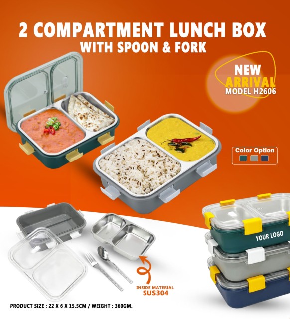 2 Compartment Lunch Box With Spoon & Fork