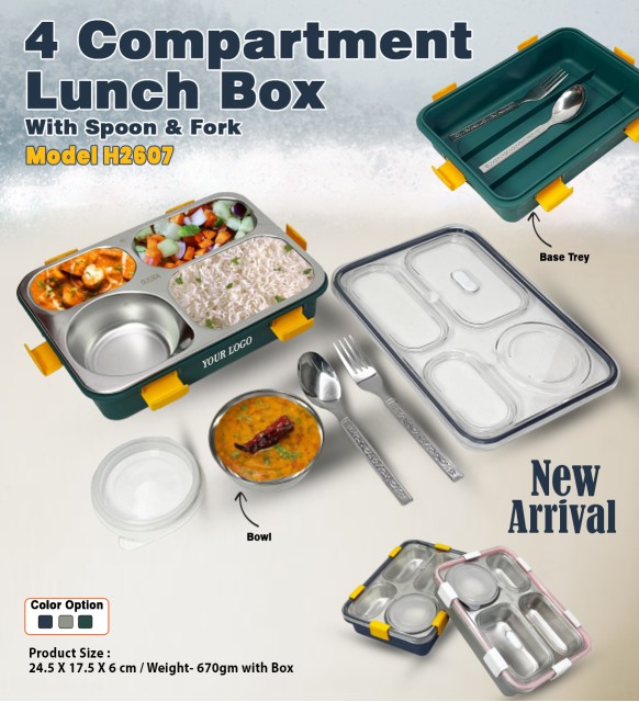 4 Compartment Lunch Box With Spoon & Fork 